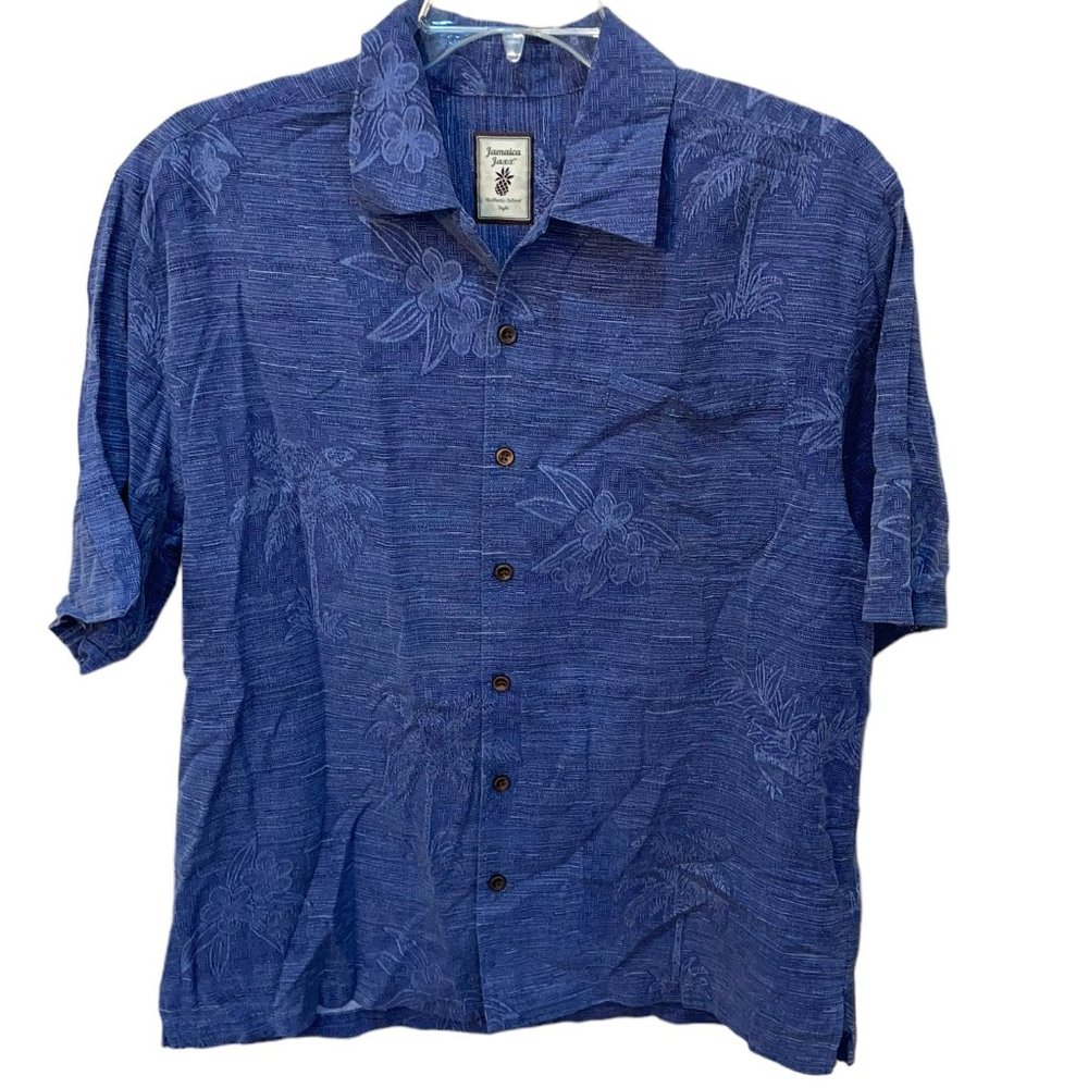 Jamaica Jaxx 100% Silk Blue Short Sleeve Button Up Shirt Size Medium